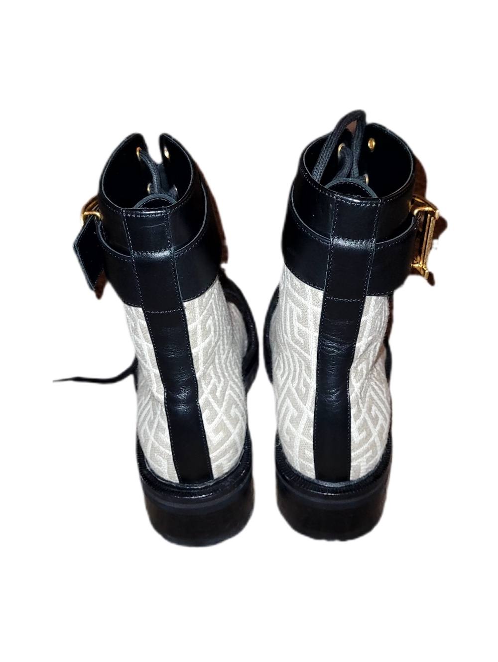 Balmain Black Leather & Beige Monogram Combat Boot with Gold 'B' - Picture 6 of 10